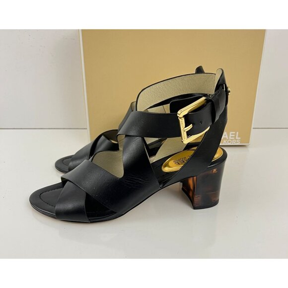 Michael Kors Black Strappy Sandals Size 7.5 M Maribella Heels Ankle - Picture 1 of 9